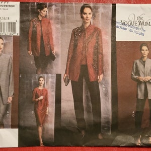 The Vogue Woman 2771 uncut sewing pattern for making misses/misses petite loose fitting below hip jacket sleeveless top straight skirt pants
