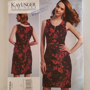 May include: A sewing pattern for a sleeveless dress with a V-neckline. The dress has a floral print in shades of red and black. The pattern is for sizes 16-18-20-22-24. The pattern is from Kay Unger New York, a Vogue Patterns American Designer.