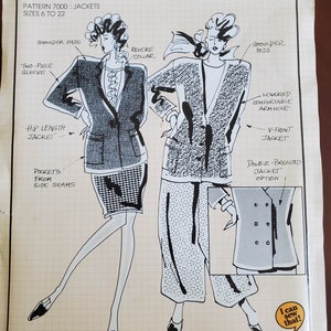 Puede incluir: Una ilustración en blanco y negro de dos mujeres que llevan diferentes estilos de chaquetas. La ilustración incluye detalles como hombreras, bolsillos y una manga de dos piezas. El texto en la página dice "Patrón 7000: Chaquetas, Tallas 6 a 22, Knitwit Clases de costura, Patrones, Telas".