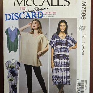 May include: Sewing pattern for a loose-fitting tunic dress with a V-neckline. The pattern is from McCall's and is called "The Palmer Pletsch Easy Fitting Method". The pattern is for sizes Large, Extra Large, and Extra Extra Large.