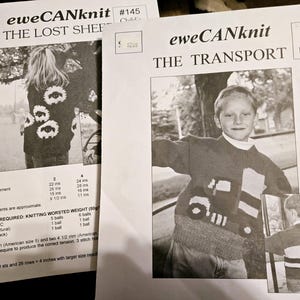 Ulotki z wykrojami Ewe Can Knit, zdjęcie dziecięcego swetra na drutach The Transport rozmiar 2-10 lub kardiganu The Lost Sheep rozmiar 2-8, włóczka o grubości worsted