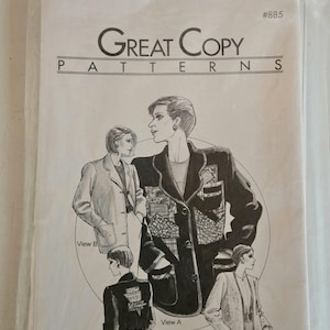 May include: A sewing pattern labelled "Great Copy Patterns" for a blazer jacket, reference #885. The cover shows illustrations of the jacket from various angles. The jacket design incorporates diverse patterns and textures.