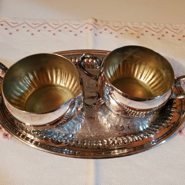 Wm A Rogers silverplate on brass lead mounts on handles cream pitcher & sugar bowl 4936 with decorative oval tray 4938