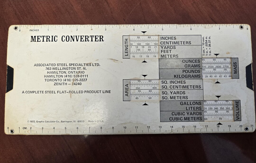 Vintage 1972 Metric Converter Slide Rule Assiciated Steel Specialties ...