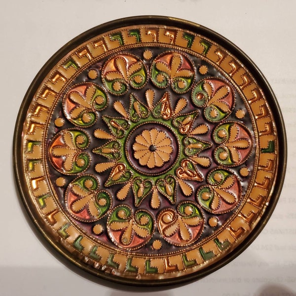 Enamel on real bronze & copper all hand-made patented work made in Greece G Halkides 5" wall mount decorative plate