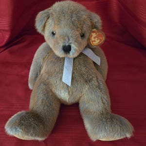 Puede incluir: Un oso de peluche marrón con una cinta gris claro atada alrededor del cuello. El oso tiene una nariz negra y ojos pequeños negros. Una etiqueta en forma de corazón está sujeta a su oreja. El oso está sentado sobre una superficie roja.
