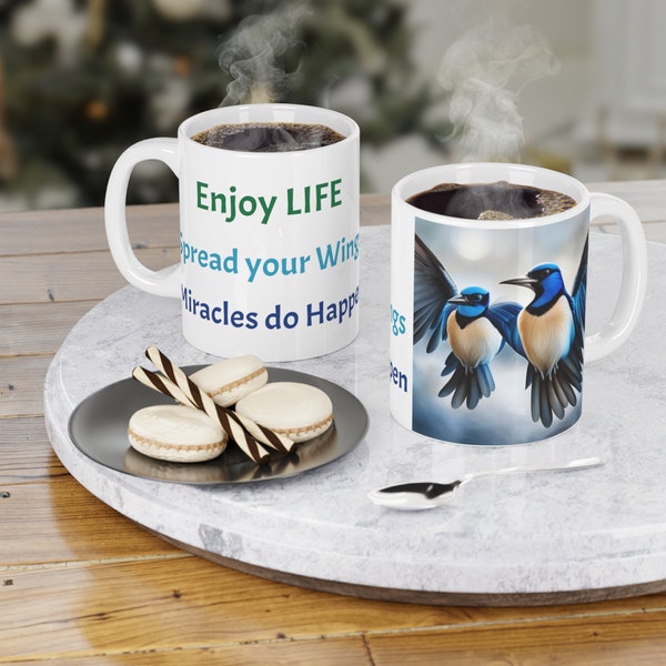 Blue Jay is a lucky bird when  you see it. Enjoy giving this unique Ceramic Mug (11oz) with an uplifting message.