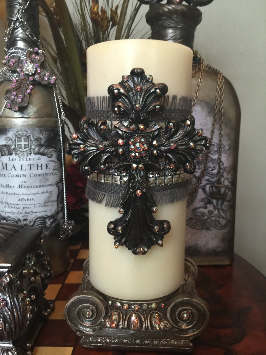 4 X 9 Ivory Candle With Cross and BLING FREE Etsy
