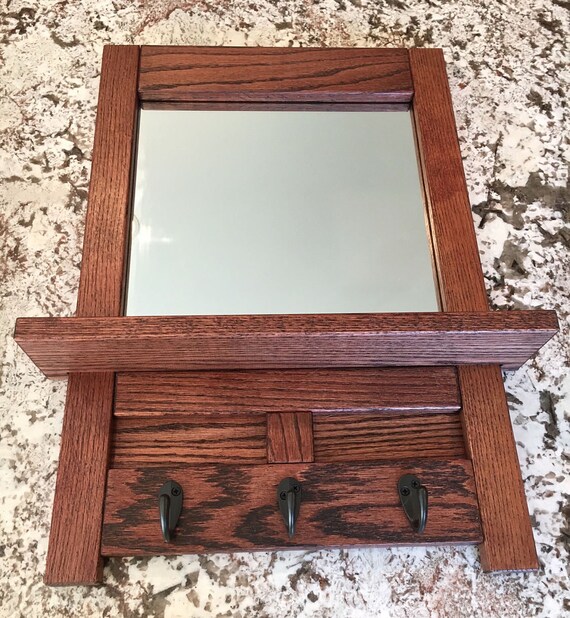 Entry Mirror Stained Oak With Hooks Shelf Foyer Decor Wood Farmhouse