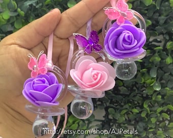 24 Pink Lavender butterfly baby shower favors/Pink lavender baby shower pacifier game/Butterfly themed/Lavender flowers