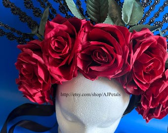 Dia de los Muertos Rose Crown, Bridal Headpiece, Mexican Flower Headband