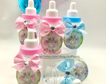 Recuerdos para baby shower con temática de elefantes: Mini botellas rosas/azules, juego de 24