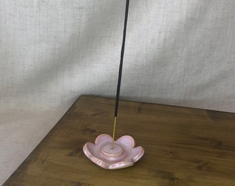 Handmade ceramic flower incense holder - pink glaze - unusual - cute joss stick holder