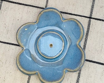 Handmade ceramic flower incense holder -  blue glaze - unusual - cute joss stick holder