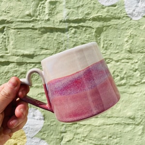 Medium Handmade HEART HANDLE ceramic mug - pink sunset glaze - white stoneware mug 14oz (410ml) - unique - handmade - gift