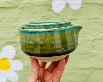 Handmade Stoneware Matcha Bowl Set,  reactive green super shiney Glaze Tea Ceremony