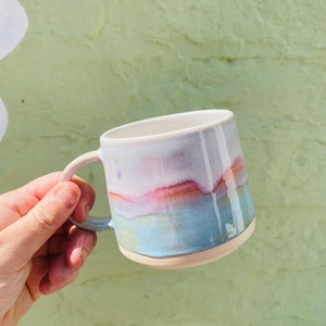 Medium Handmade ceramic mug - pastel green pink & white glaze - white stoneware mug 12oz (350ml) - unique - handmade - gift
