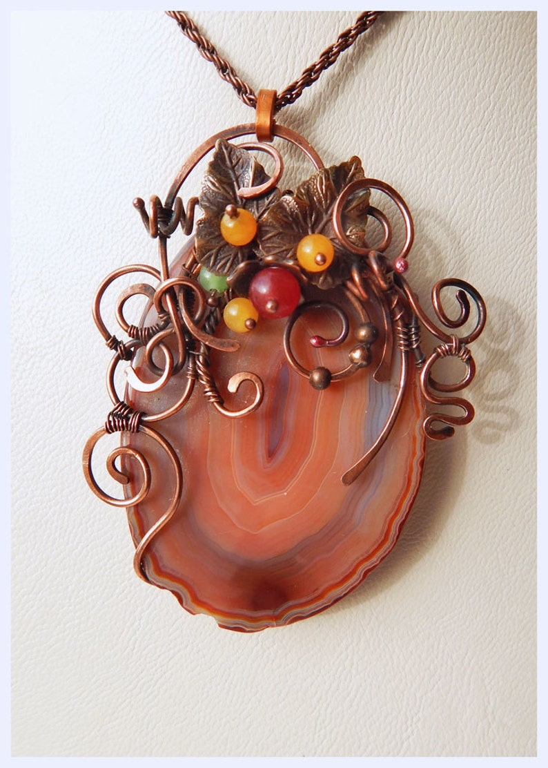 Natural Stone Cut Necklace Copper wire pendant Red Agate geode Etsy