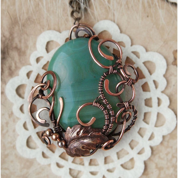 Natural green jade stone pendant winding copper wire fantasy style fairy Leaf Flower Jewelry Ecologically clean Gift idea Birthstone for her