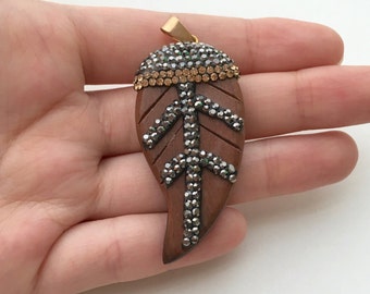 Leaf Pendant, Wood Pendant, Pave Pendant, Rhinestone Pendant Rhinestone Jewelry, Wooden Leaves, Wooden Jewelry, Wooden Pendant, Leaf Jewelry