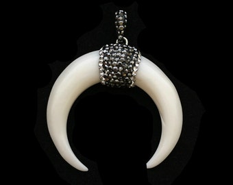 Double Horn Pendant, Crescent Horn, White Horns, Black Horns, Pave Pendant, Mother of Pearl, White Pendant, Black Pendant, Upside Down Moon