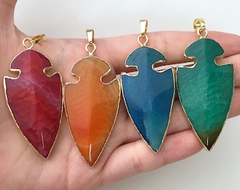 SALE Arrowhead Pendant, Gemstone Pendant, Arrowhead Jewelry, Blue Agate Pendant, Orange Agate, Green Agate, Gold Plated Pendant, Agate