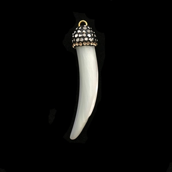 Tusk Pendant, Mother of Pearl, Mother of Pearl Pendant, Horn Pendant, Pave Pendant, Bohemian Jewelry, Rhinestone Cap, White Pendant, Organic