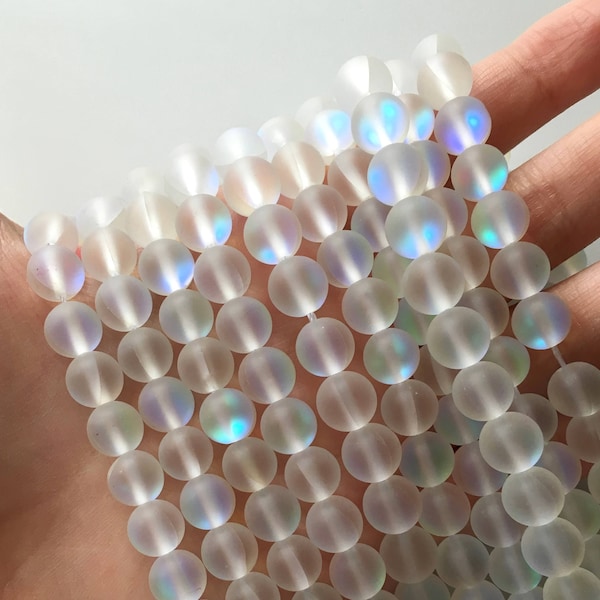 Mystic Aura Quartz, Matte Beads, 8mm Beads, Mermaid Beads, Frosted Beads, Frosted White, Mermaid Glass, White Beads, White, Mermaid Glass.