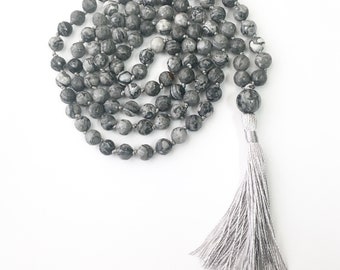 108 Bead Malas, Agate Mala, Mala Necklace Faceted Jewelry Hand Knotted Mala Crazy Lace Agate, Tassel Necklace Beaded Necklace, Gemstone Mala