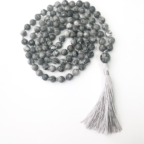 108 Bead Malas, Agate Mala, Mala Necklace Faceted Jewelry Hand Knotted Mala Crazy Lace Agate, Tassel Necklace Beaded Necklace, Gemstone Mala