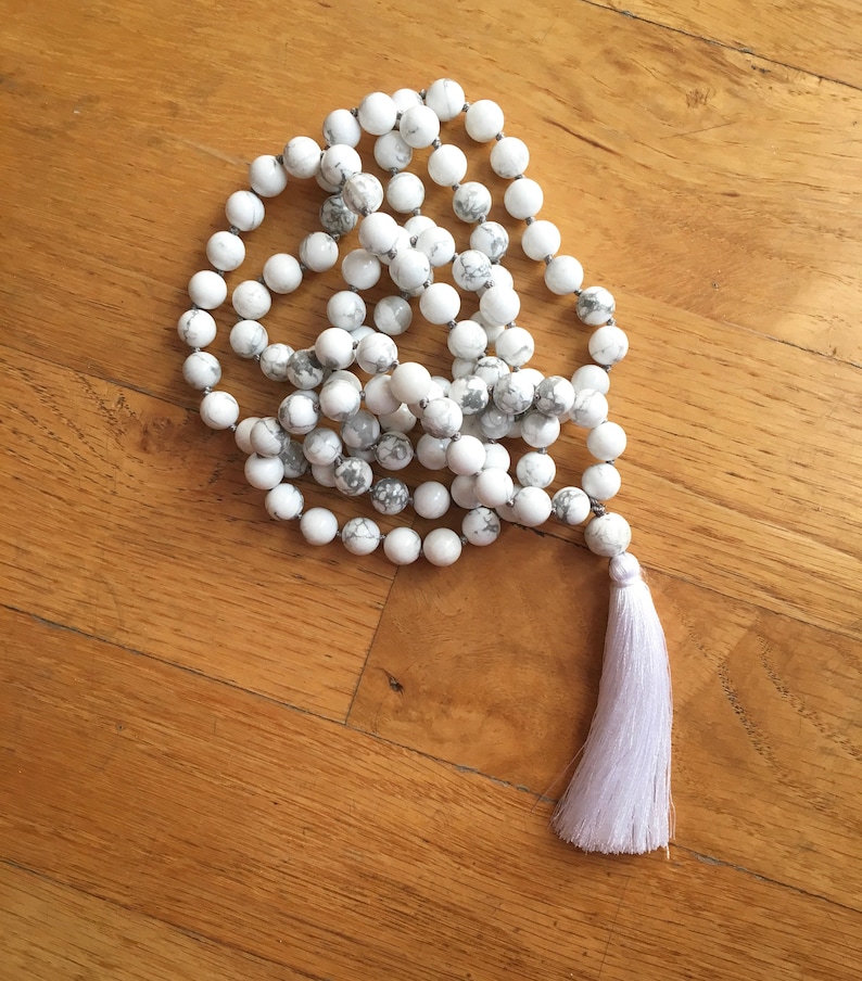 Howlite Mala Necklace, 108 Mala Beads, White Mala Necklace, Howlite Hand Knotted Mala, Howlite Jewelry, White Necklace Summer Jewelry image 2