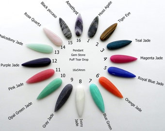 May include: A selection of 16 gemstone pendants in various colors and shapes, including amethyst, moss agate, tiger eye, chalcedony jade, purple jade, pink jade, opal green jade, gray jade, ivory jade, blue green jade, orange jade, teal jade, magenta jade, royal blue jade, and black picasso. The pendants are arranged in a circle with the names of the stones written above them. The pendants are all 16x54mm in size.