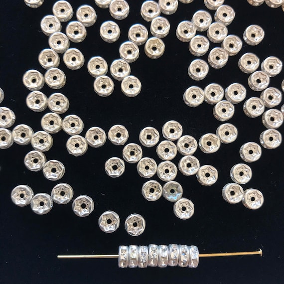 100pcs  Silver Roundel Rhinestones Spacer Beads, for Jewelry Making、Hole Size 1mm