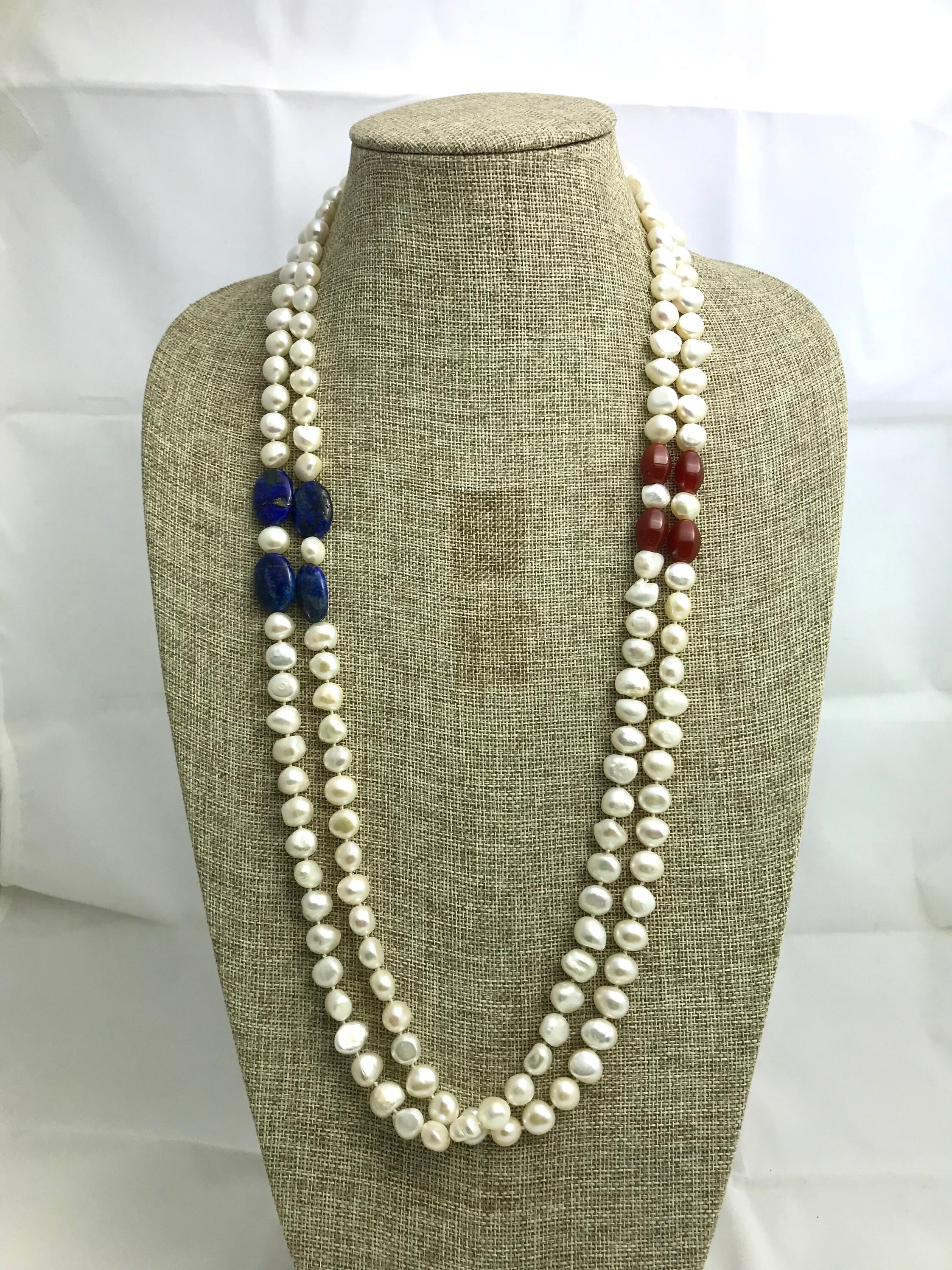 64” Hand Knotted Pearl Necklace, Fresh Water Pearl, Lapis Necklace, Red Agate Beads, Lapis Jewelry, Lapis Necklace,
