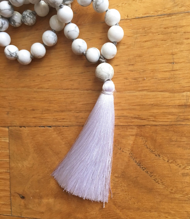 Howlite Mala Necklace, 108 Mala Beads, White Mala Necklace, Howlite Hand Knotted Mala, Howlite Jewelry, White Necklace Summer Jewelry image 4