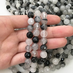 Tourmaline Quartz, Faceted Beads, Black Tourmaline, 8mm Beads, Black Tourmaline Beads, Tourmalated Quartz, Tourmaline, Black and White Beads