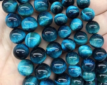 Perles rondes lisses, pierres précieuses naturelles, oeil de tigre bleu sarcelle AAA 4 mm 6 mm 8 mm brin complet 15 po.