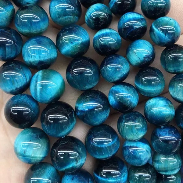 AAA Blaugrünes Tigerauge, natürlicher Edelstein, glatte runde Perlen, 4 mm, 6 mm, 8 mm, voller Strang, 38,1 cm