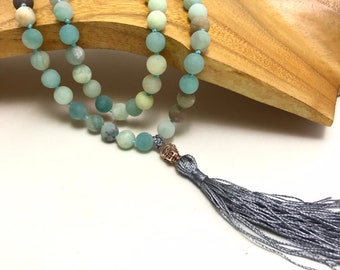 Amazonite Mala 108 Bead Malas Hand Knotted Necklace Buddhist Necklace Prayer Necklace Meditation Jewelry Hand Knotted Mala Buddhist