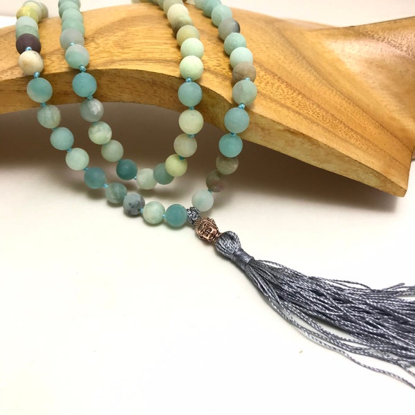 Hand Knotted Amazonite Mala 108 Beads   Meditation Jewelry Hand Knotted Mala
