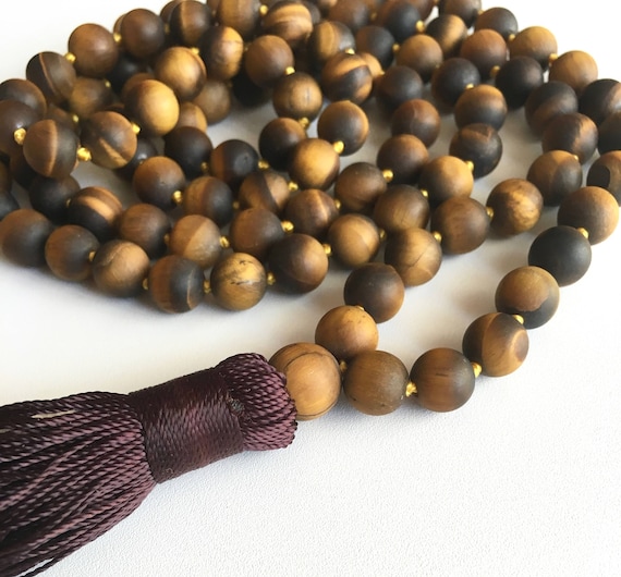 Tiger Eye Mala Necklace, 108 Mala Beads, Tiger Eye Necklace, 108 Mala Knotted, Matte Necklaces, Mala Tigers Eye, Mala Tassel Necklace, Mala