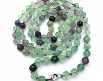 40” Rainbow Fluorite Necklace, Beaded Necklace, Beaded Necklaces For Women, Gemstone Necklace Beaded, Hand Knotted Necklace 40 Inches