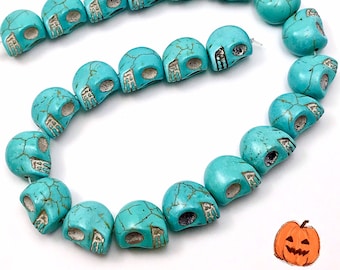 0.18 Cent Schädelperlen, blaue Howlith Türkis Schädelperlen, 14 x 18 mm, lose Schädelperlen, ganzer Strang 22 Stück / Kette, Lochgröße 1,5 MM