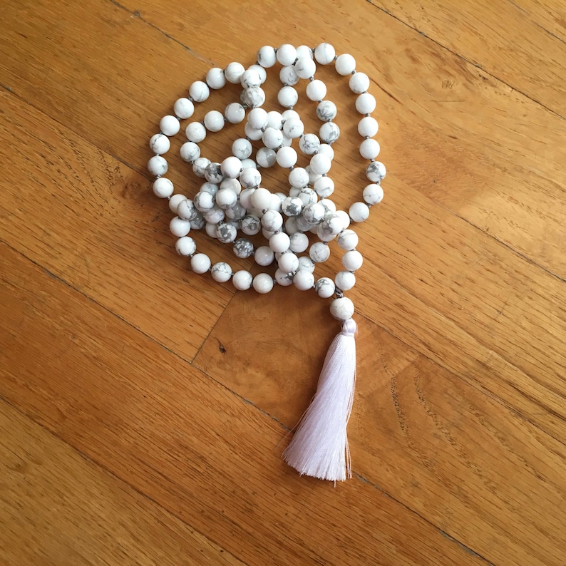 Howlite Mala Necklace, 108 Mala Beads, White Mala Necklace, Howlite Hand Knotted Mala, Howlite Jewelry, White Necklace Summer Jewelry image 1