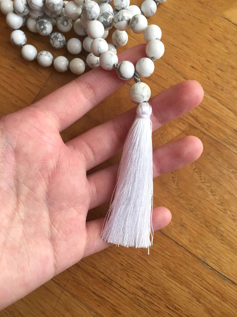 Howlite Mala Necklace, 108 Mala Beads, White Mala Necklace, Howlite Hand Knotted Mala, Howlite Jewelry, White Necklace Summer Jewelry image 3