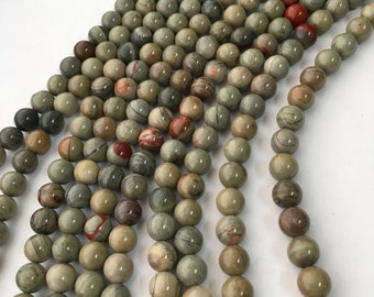 Smooth Round Beads Silver Leaf Jasper, Full Strand, 15.5 Inches, 6mm,8mm,10mm. Genuine Gemstone Beads.