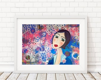 Fineart Print, Stars, Poster Print of my original acrylicpainting, "Star-Woman", portrait of a woman, blue, pink, home decor interior design