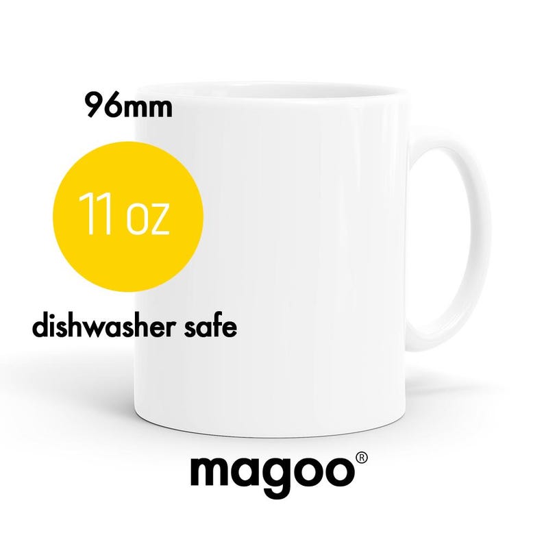 May include: White ceramic mug with a yellow circle that says "11 oz" and "96mm". The mug also says "dishwasher safe" and "magoo" at the bottom.