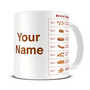 May include: White ceramic mug with a brown text that says "Your Name" on the left side. The right side of the mug has a chart titled "Bristol Stool Chart" with seven types of stool shapes and descriptions.