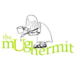 May include: A black and white illustration of a person painting with a paintbrush and a can of paint. The text "the mug hermit" is written in green below the illustration.